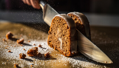 Slicing a delicious cake with a knife on a powdered surface