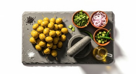 Assortment of fresh ingredients for making a spicy pickle or chutney, including green olives, chopped herbs, sliced red onions, green chilies, spices, and oil, arranged on a dark slate board