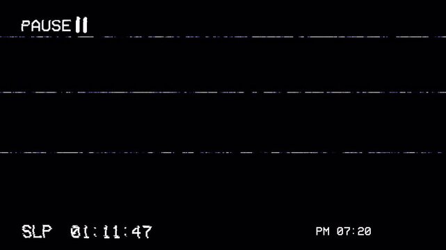 4K VHS Video Pause Screen Overlay with Glitch Effect, Analog Static Noise, and Tracking Distortion on Black Background, Retro 90s Style Motion Graphic 4k video animation seamless loop