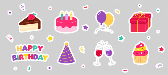 Naklejka premium Party icon set, Balloon, gift box, confetti decoration element for Happy Birthday Sticker, New Year, Christmas, Valentine Anniversary celebration special day. Drinks Food, champagne, cupcake icons.