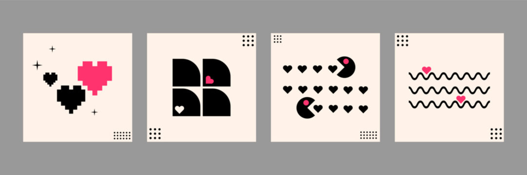 Abstract Valentine's Day Cards set. Modern minimalist templates with abstract geometric hearts and design elements, for social media, covers, gift cards, or Valentine's prints. Vector illustration
