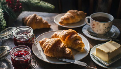 A warm breakfast setting with croissants, jam, and tea on a wooden table.