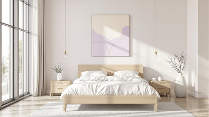 Minimalist bedroom interior with soft pastel palette, wooden bed frame, clean linens, subtle wall art, natural sunlight entering through window