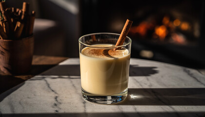 A glass of creamy eggnog on a marble countertop with a cinnamon stick garnish