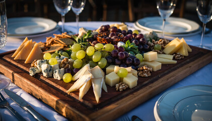 A beautifully arranged cheese board with various cheeses, grapes, crackers, and nuts, set for a meal.