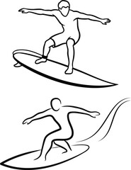 Surfer riding wave line art minimalist design illustration