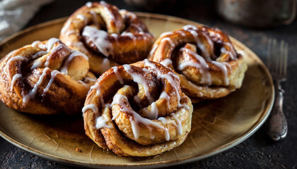 Four delicious cinnamon rolls drizzled with white icing on a rustic plate.
