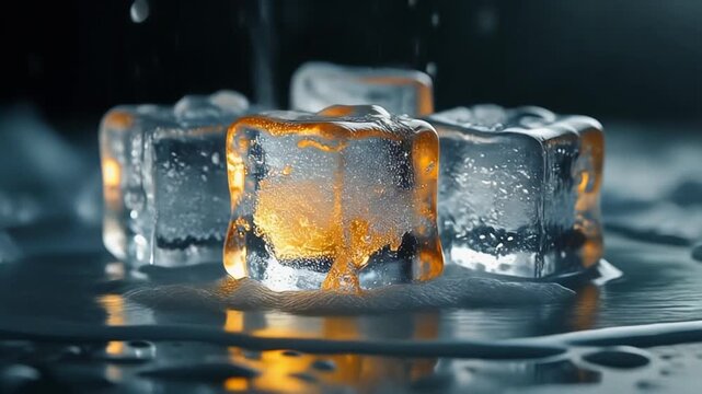 Captivating macro shot of crystalline ice cubes slowly melting, one distinctively glowing with a warm, fiery light, beautifully illustrating a paradox of cool and heat