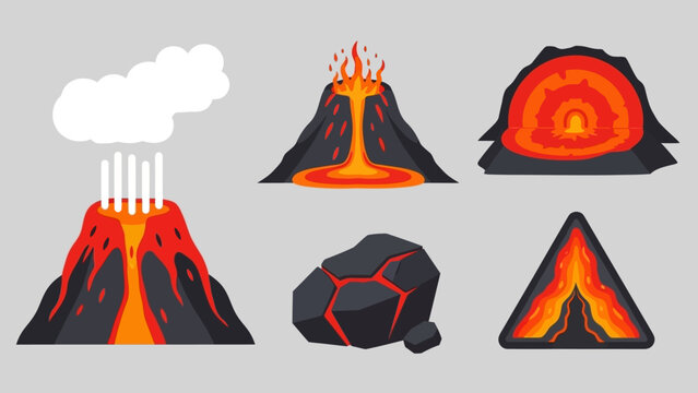 Vector art illustration of volcanoes in nature with vector set and icon elements