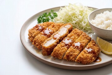 Delicious Japanese chicken katsu with crispy breading, shredded cabbage, and rice served on a white plate, garnished with lemon and fresh parsley