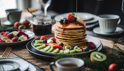 A tall stack of golden pancakes drizzled with syrup and topped with fresh berries and a strawberry, served with sliced kiwi and other fruits on a breakfast table.