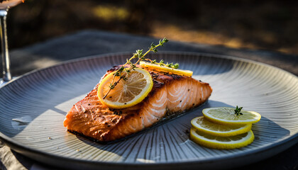 Grilled salmon fillet served on a plate with lemon slices and herbs in a serene outdoor setting.