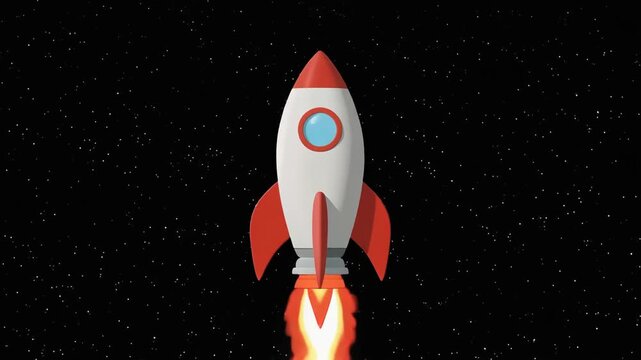 &ldquo;Cartoon-style rocket with red fins and nose cone flying through starry black space, flames trailing from engines&rdquo;