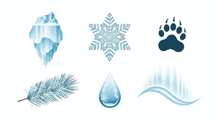 Vector art set of winter nature icons in a vector set with snowflake, ice, and tree branch.