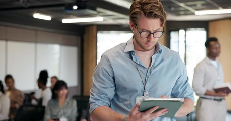 Conference, man or reading schedule with tablet, business seminar or training workshop coordination. Review agenda, tech or event planner with guest list to check attendance, admin or logistics notes