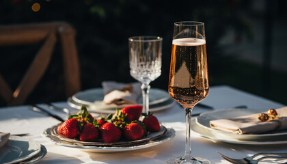 A romantic outdoor table setting with champagne and strawberries, perfect for a special occasion.
