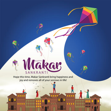 Indian festival Happy Makar Sankranti poster design with group of colorful kites flying cloudy sky. vector illustration design.