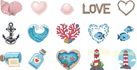 Valentine icon set created with ocean treasures including shells, corals, pearls, sea glass, hearts, and marine motifs