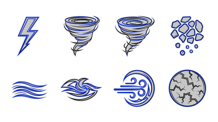 Vector art set of nature icons depicting severe weather conditions with vector tornadoes and stormy weather elements.