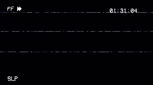 VHS VCR Fast Forward Glitch Overlay, Retro 90s Screen Damage Effect with Analog Static Noise and Old Cassette Player Display Interface 4k video animation seamless loop