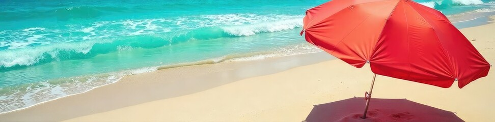A vibrant red beach umbrella provides shade on a sunny beach, casting a shadow on the golden sand Perfect for summer vacation, relaxation, and seaside getaways , umbrella, coastline, sand