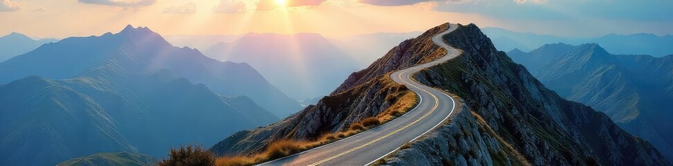 A winding road ascending a mountain, symbolizing the journey of career progression and the challenges faced along the way to success , destination, elevation, landscape
