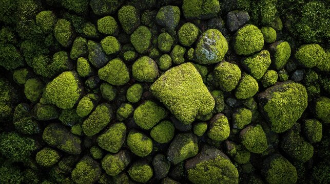 Moody aerial composition of dense moss-covered rocks with deep greens for natural texture backgrounds and eco design