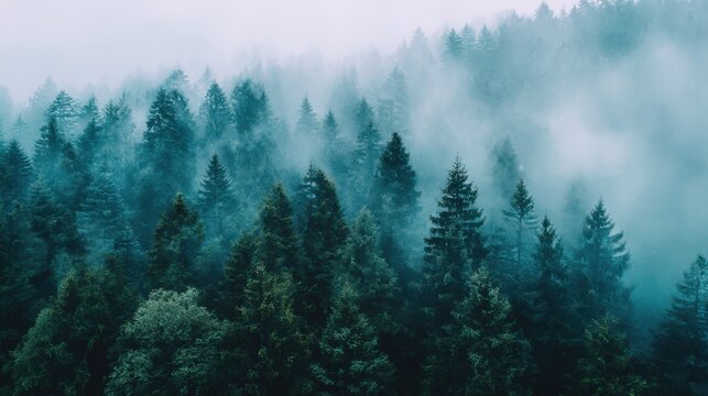 Misty evergreen forest in soft teal tones creating dreamy atmospheric landscape ideal for nature backgrounds and calm design