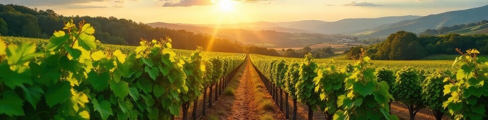 Naklejka premium Sun-drenched rows of grapevines stretching across a picturesque vineyard, ready for harvest Lush foliage and rolling hills create a stunning landscape , vineyard landscape, vineyard, winemaking