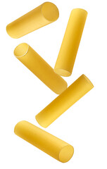 dynamic photograph of uncooked cannelloni pasta tubes, golden and cylindrical, isolated on a pristine transparent background.