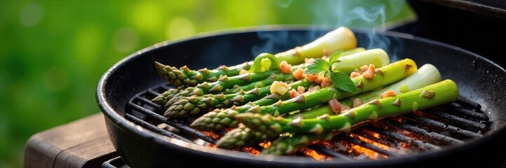 Grilled asparagus and spring onions sizzling on a hot grill, vibrant green vegetables cooking outdoors on a sunny day Fresh herbs nearby , farm to table, simple recipe, healthy recipe