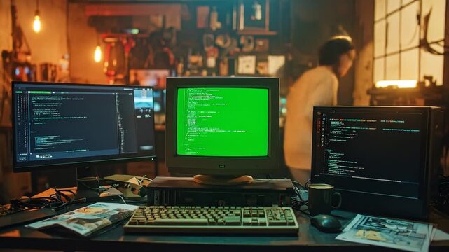 Three computer monitors display code in a dimly lit workspace with tools and an individual in the background