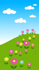 Cartoon illustration of a vibrant green hill with colorful flowers and clouds