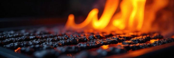 Close-up of vibrant flames licking a grilling surface, intense heat and char marks visible Perfect for culinary, BBQ, and fire-related projects , burning, red, heat
