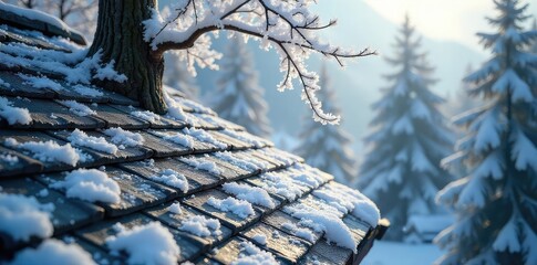 Dark grey slate roof glistening with fresh winter snow, icy branches overhead, winter landscape , outdoors, slate