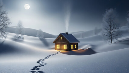 A cozy rural cottage in a snowy winter forest landscape with old wooden trees and a cold blue sky