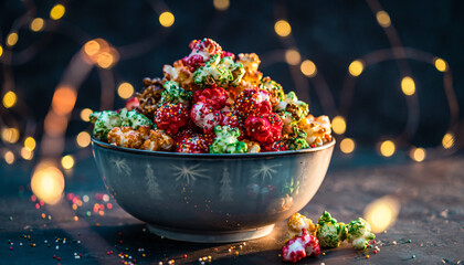 A festive bowl of colorful popcorn with holiday treats scattered around on a dark surface illuminated by twinkling fairy lights