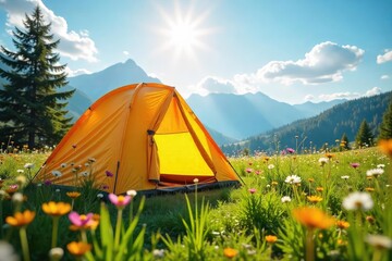 A brightly colored tent nestled in a sun-drenched meadow, wildflowers blooming nearby, conveying a sense of carefree joy and outdoor adventure , amazing, holiday, optimistic