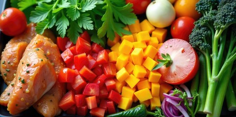 A vibrant assortment of chopped vegetables and pre-cooked proteins ready for meal assembly Perfect for healthy meal prepping or batch cooking Save time and eat well!, lunch prep, quinoa