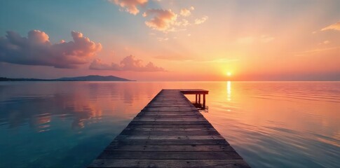 Tranquil scene of a wooden dock extending into calm waters, meeting a serene shoreline at sunset Perfect for travel, nature, and relaxation themes , natural, water