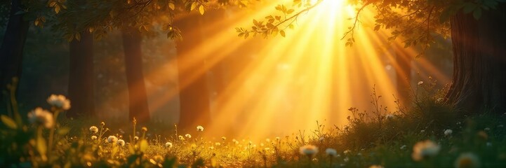 Golden sunbeams piercing through a hazy atmosphere, creating a radiant and ethereal glow Perfect for nature, serenity, and inspirational themes , sunburst, summer, sunshine