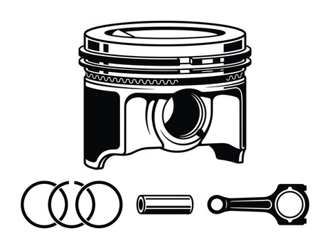 Automotive engine components displayed with piston, piston rings, connecting rod, and pin outlines.