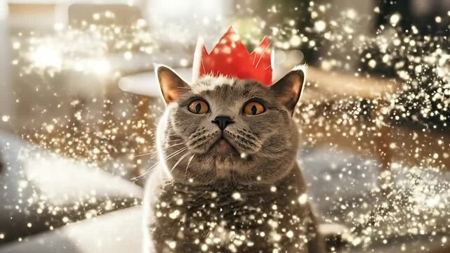 Adorable British Shorthair cat wearing red paper crown, surrounded by a sparkling bokeh particles, festive mood