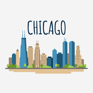 Chicago city skyline illustration with famous landmarks and text
