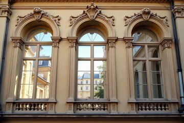 Elegant Viennese windows, ornate detailing, sunlight streaming through, classic architecture, historical building facade , classic, dwelling, sunlight