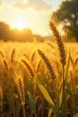 Golden sunlight bathes a lush field where ripe wheat sways gently in the breeze, ready for harvest A rustic scene of rural abundance and the bounty of nature , stems, plant, autumn
