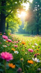 A vibrant spring meadow bursting with wildflowers, sunlight dappling through the trees, a gentle breeze rustling the leaves Perfect for outdoor recreation and relaxation , sky, life, energy