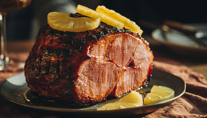 A delicious glazed ham topped with pineapple slices and chunks, served on a dark plate with a rustic cloth.