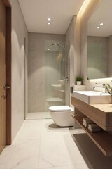 Modern minimalist bathroom with a sleek toilet and contemporary fixtures Clean lines, neutral tones, and a feeling of serene elegance create a spa-like atmosphere , hygiene, faucet
