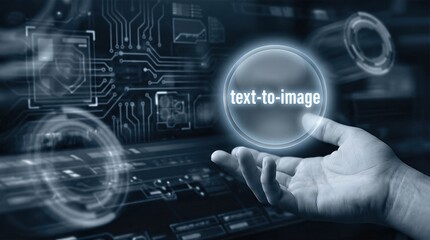 Hand reaching out to a glowing text-to-image interface, showcasing advanced artificial intelligence technology for image generation and creative assistance in a digital environment